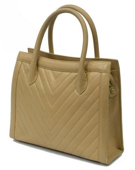 CHANEL CHEVRON QUILTED CAVIAR LEATHER TOTE BAG