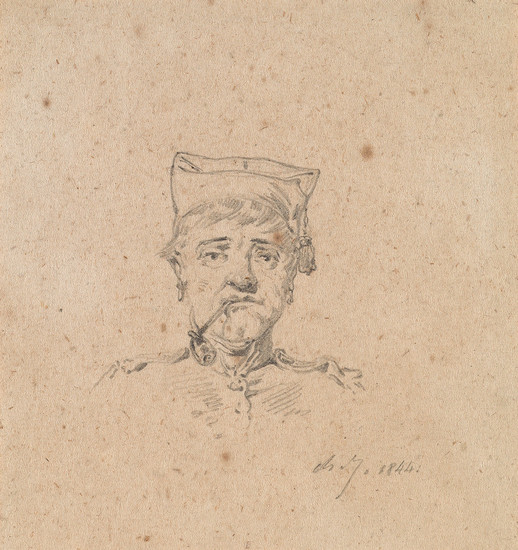 CHARLES-ÉMILE JACQUES (Paris 1813-1894 Paris) Group of 4 pencil portrait studies of soldiers....