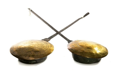 CHARLES I ENGRAVED BRASS WARMING PAN & ANOTHER