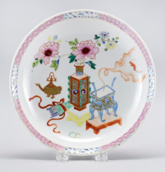 CHINESE FAMILLE ROSE PORCELAIN DISH Central enameled decoration of scholars' objects, peonies and bats with gilt highlights. Six-cha..