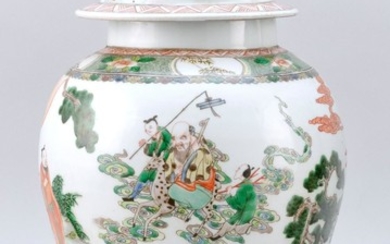 CHINESE FAMILLE VERTE PORCELAIN TEMPLE JAR In inverted pear shape, with domed cover and figural landscape decoration. Six-character...