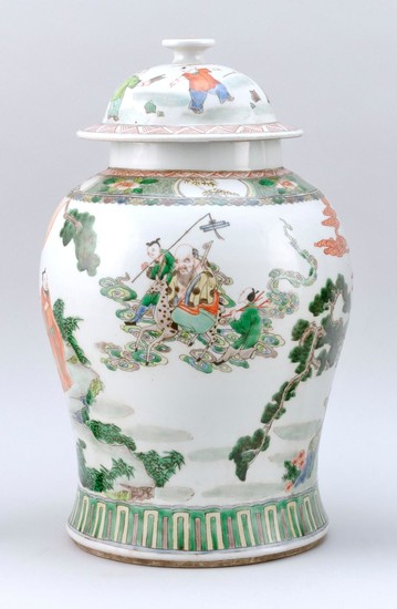 CHINESE FAMILLE VERTE PORCELAIN TEMPLE JAR In inverted pear shape, with domed cover and figural landscape decoration. Six-character...