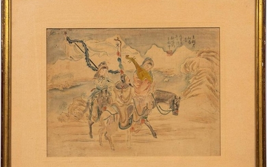 CHINESE, INK & WATERCOLOR OF MUSICIANS ON SILK