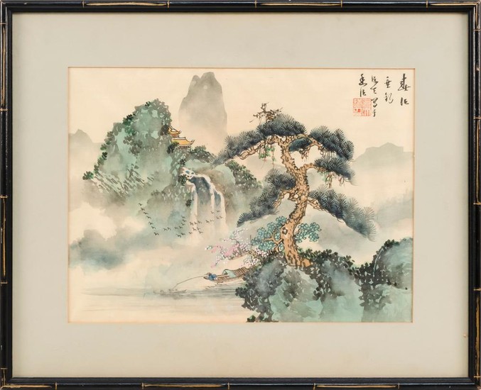 CHINESE PAINTING ON SILK Depicting boatmen on a river. Signed and seal marked. 11" x 14.5". Framed 17" x 20.5".