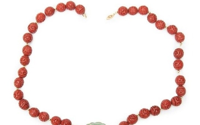 Chinese Red Bead Necklace on 14K Fine Chain L 22”