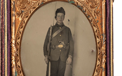 [CIVIL WAR]. Quarter plate tintype portrait of a very young, doubly armed private.