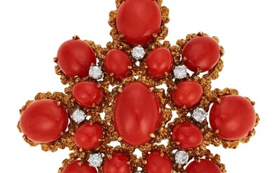 CORAL AND DIAMOND PENDANT BROOCH