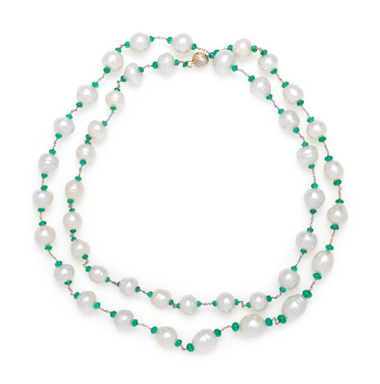 CULTURED BAROQUE PEARL AND EMERALD LONGCHAIN NECKLACE