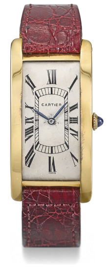 Cartier. A fine, rare and large 18K gold rectangular curved wristwatch, SIGNED CARTIER, PARIS, TANK CINTRÉE MODEL, CASE NUMBERED 17855, 03652 AND 26442, MOVEMENT SIGNED EUROPEAN WATCH AND CLOCK CO. INC., CIRCA 1925