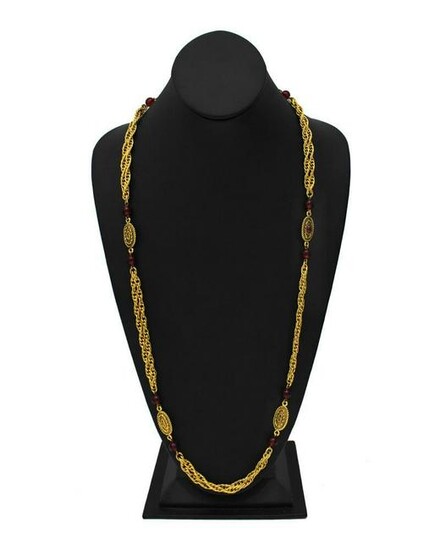 Chanel Double Chain Necklace with Red Glass Beads