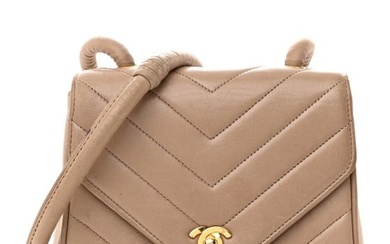 Chanel Lambskin Chevron Quilted Small Single Flap Beige