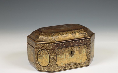 China, an export pewter tea-caddy in lacquer box, 19th century