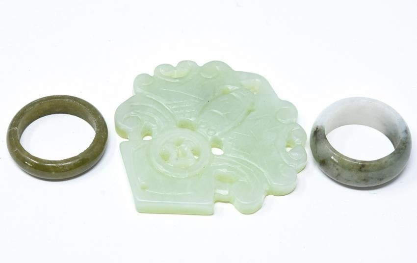 Chinese Carved Green Jade Archer's Rings & Pendant