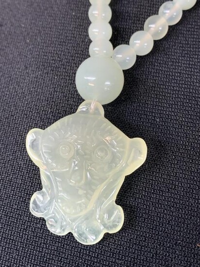 Chinese Jade Beaded Necklace, Monkey Pendant