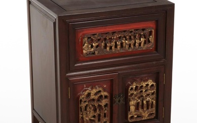 Chinese Red Lacquered and Parcel-Gilt Carved Hardwood Side Cabinet, 20th Century