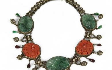 Chinese Silver w.Jadeite & Coral Necklace,Republic