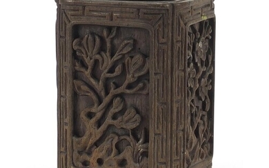 Chinese brush pot carved with panels of flowers, 14cm high