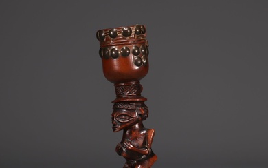 Chokwe tobacco mortar in carved wood with brass nails, early...
