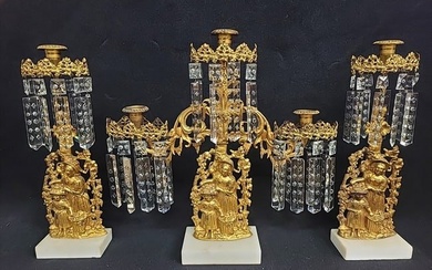 Circa 1850's 3 piece Girandole Candlesticks Gilt Brass with marble bases & cut glass prisms. Cast
