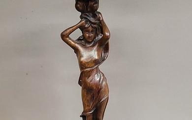 Circa 1920's Carved Walnut Plant Stand of a Woman - Good condition- hgt 25" dia. Base. 9". Found in