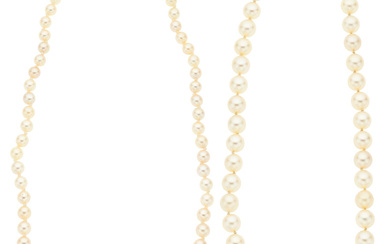 Cultured Pearl, Diamond, Emerald, White Gold Necklaces Stones: Marquise...