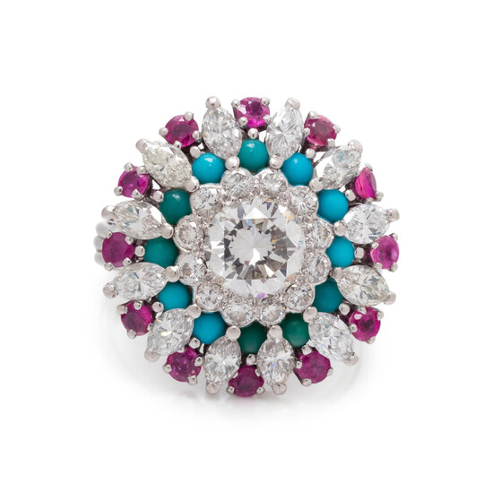 DIAMOND, RUBY AND TURQUOISE RING