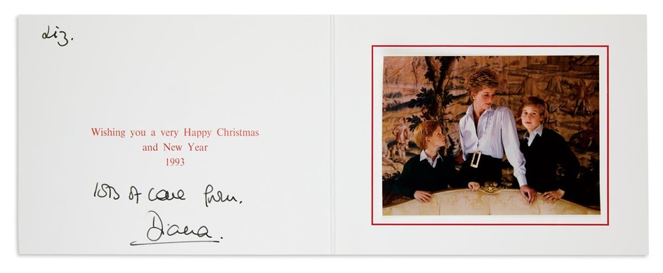DIANA; PRINCESS OF WALES. Three Christmas cards, Inscribed and Signed, "Diana," to Elizabeth...