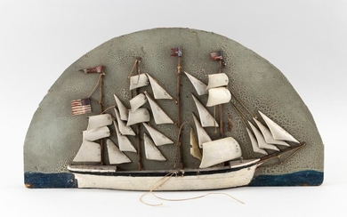 DIORAMA OF A FOUR-MASTED SHIP With a black and white hull. Flying an American flag. Height 11.5". Length 21".