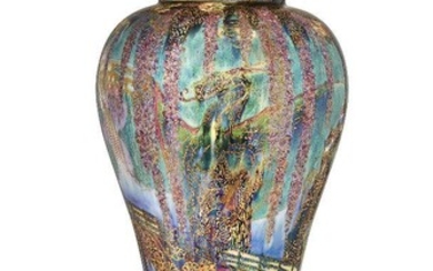 Daisy Makeig-Jones (1881-1945) for Wedgwood, Large 'Temple on a Rock'/'Dragon King' vase and cover, from the 'Fairyland lustre' series, circa 1920, Porcelain, lustre glaze, Underside with printed mark, impressed shape no. 2046 and painted pattern...