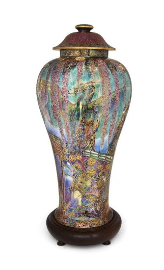 Daisy Makeig-Jones (1881-1945) for Wedgwood, Large 'Temple on a Rock'/'Dragon King' vase and cover, from the 'Fairyland lustre' series, circa 1920, Porcelain, lustre glaze, Underside with printed mark, impressed shape no. 2046 and painted pattern...