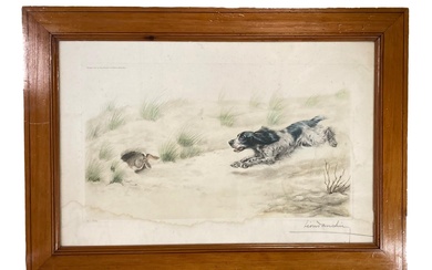 D'après Léon DANCHIN Chien poursuivant un lièvre Gravure. Signé et numérotée 109/500 (Mouillures) 33x51 cm
