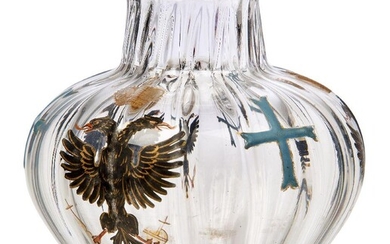 Daum (French Est.1879), an enamelled 'Imperial Russian Commemorative' clear glass vase, Engraved Daum Nancy with Cross of Lorraine c.1890-1896, The vase of ribbed shouldered form decorated in black, red and gilt with three Imperial black crowned...