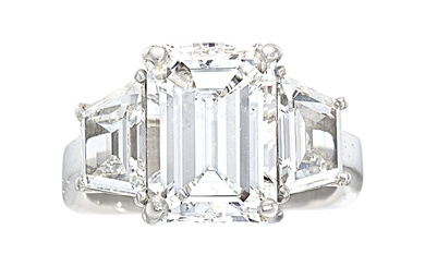 Diamond, Platinum Ring Stones: Emerald-cut diamond weighing 5.00 carats;...