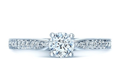 Diamond Round Center Ring (0.50ct) With Round Pave Set Shank And Bezeled Gallery In 14k White Gold
