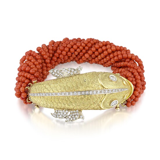 Diamond and Coral Multi Strand Fish Bracelet