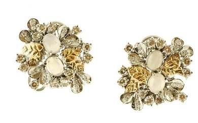 Diamonds, Opals, White and Yellow Gold Retro Earrings