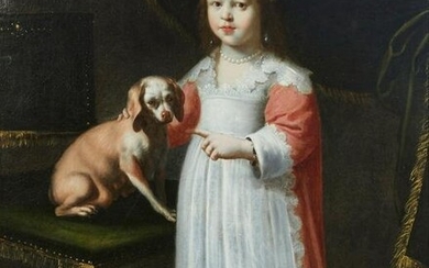 Dutch School, Portrait of a young girl & dog, oil