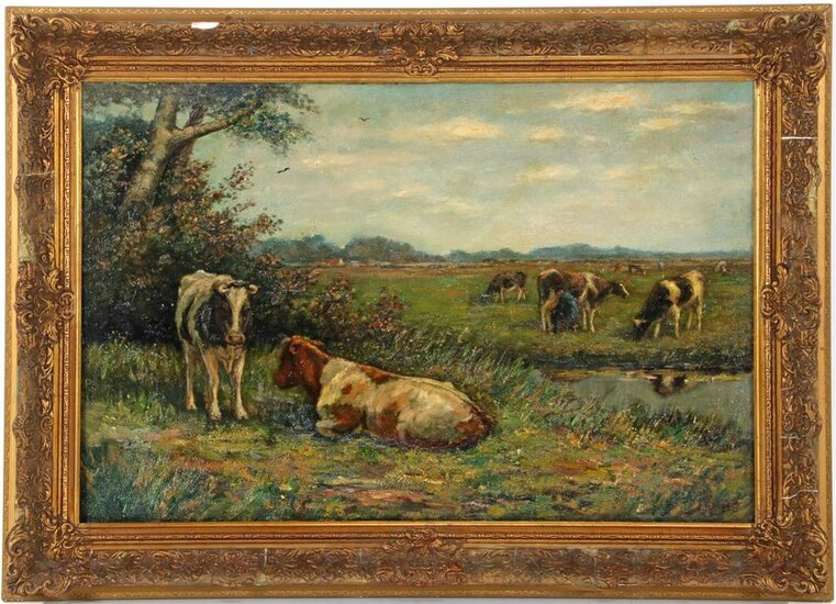 Dutch landscape with a milking farmer
