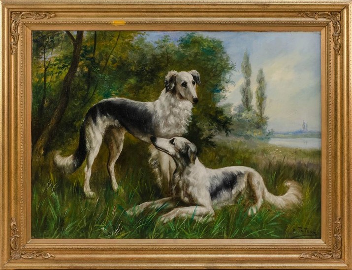 ENGLISH SCHOOL, 19th Century, Two dogs in a landscape., Oil on canvas, 20" x 27.5". Framed 25.5" x 33".