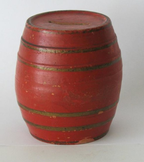 Early Red Ware Pottery Barrel Bank.
