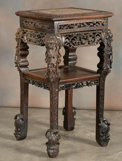 Early heavily carved Teak wood Lamp Table with carved