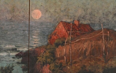 Ecole de Pont Aven circa 1875 "Chaumière en bord de mer au clair de lune"...