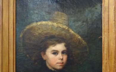 Ecole de la fin du XIXe siècle. Portrait d'enfant au chapeau. Huile sur toile. 61...