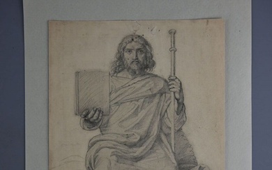 Ecole française du XIXème, "Christ", Dessin au crayon, porte une inscription en bas à gauche"...