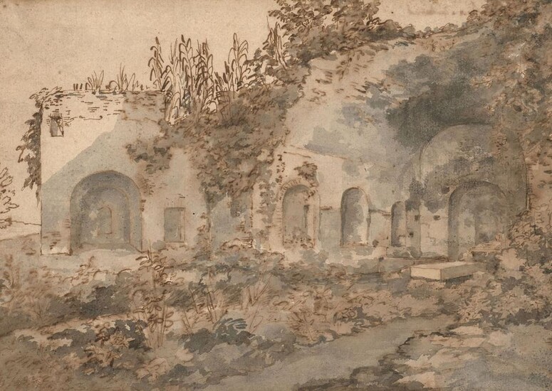 Ecole italienne de la seconde partie du XVIIIe siècle Ruine antique dans un paysage Plume et encre brune, lavis gris