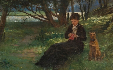 Edmond-Louis DUPAIN (1847-1933) La couture sous l'arbre Huile sur toile, signée en bas à gauche....