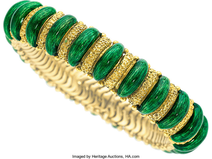 Enamel, Gold Bracelet The articulated bracelet features green...
