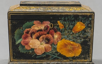 English Ebonized Floral Painted Tea Caddy