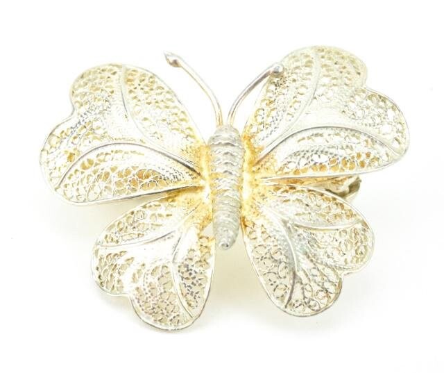 Estate Figural Silver Filigree Butterfly Brooch