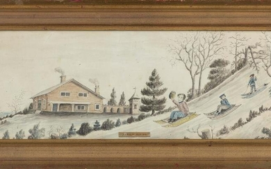FOLK ART WATERCOLOR OF A SLEDDING SCENE Dated 1859 On